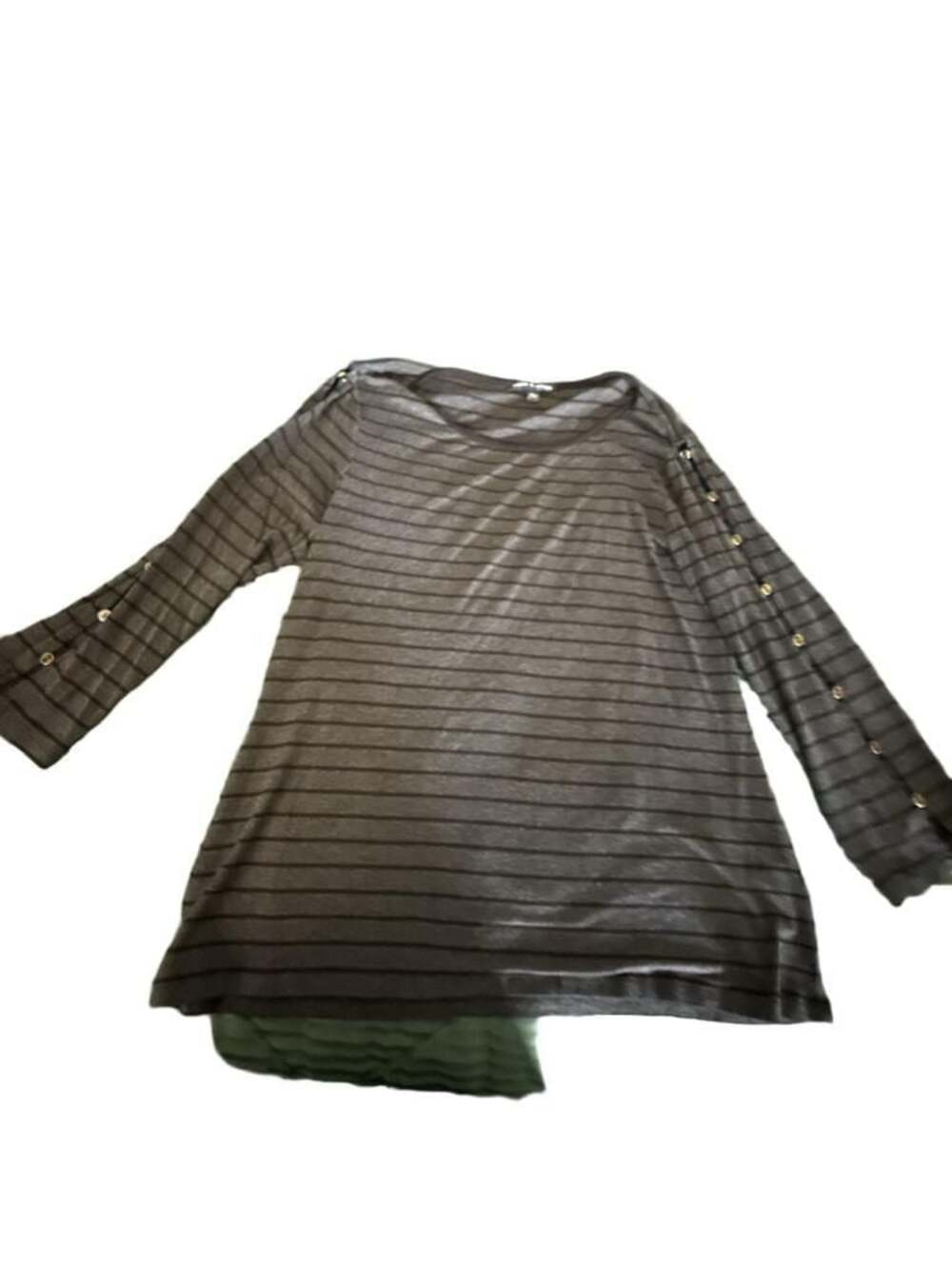 Cable & Gauge Gray Black Striped 3/4 Sleeve Top with Gold Button Shoulder Detail